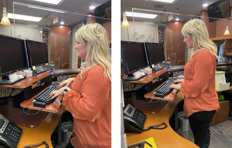 proper standing posture VS poor standing posture demonstrated by young woman at a desk